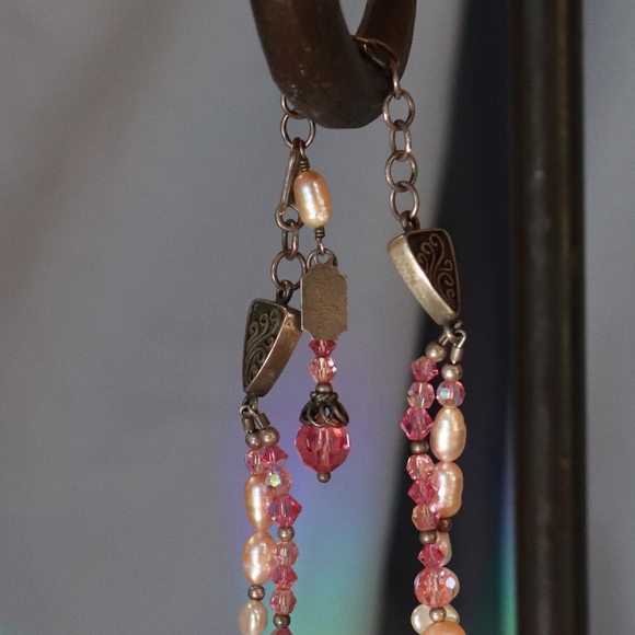 Tres Jolie Pink Crystals Pearls and Sterling Silver Double Strand Necklace - Picture 3 of 4
